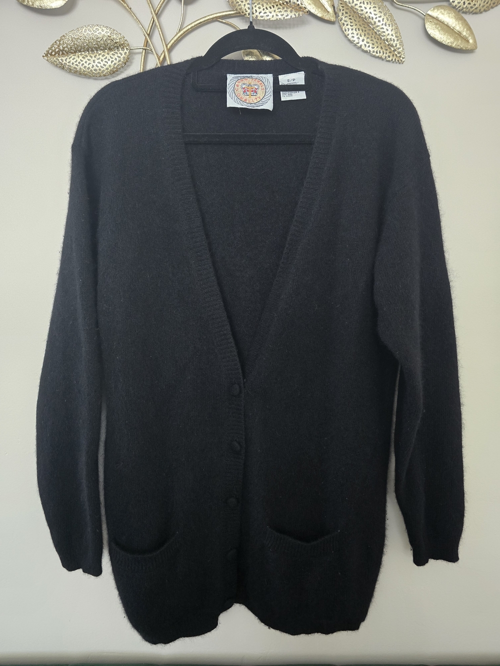 Vintage Black V-Neck Button Cardigan with Front Pockets Lambswool Angora Sz S